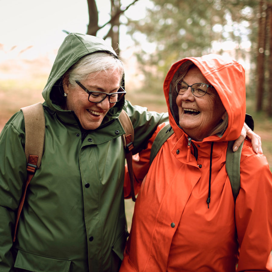 Friends laughing in rain jackets