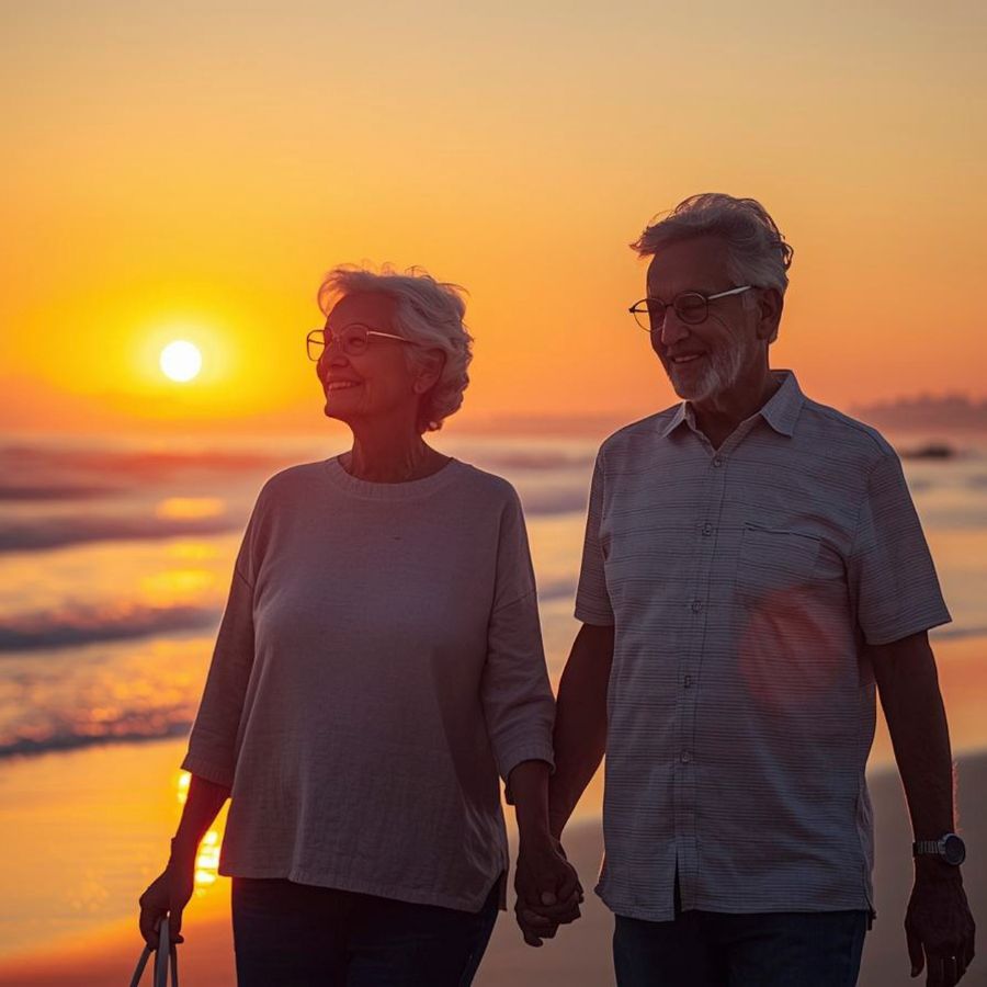 Elderly couple walking on beach at sunset